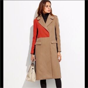 NWOT SHEIN Colorblock Orange Camel Black Trench Coat Jacket Size S